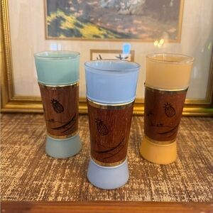 Set of 3 Vintage Siesta Ware Frosted Tumblers with Tiki Wood Sleeves